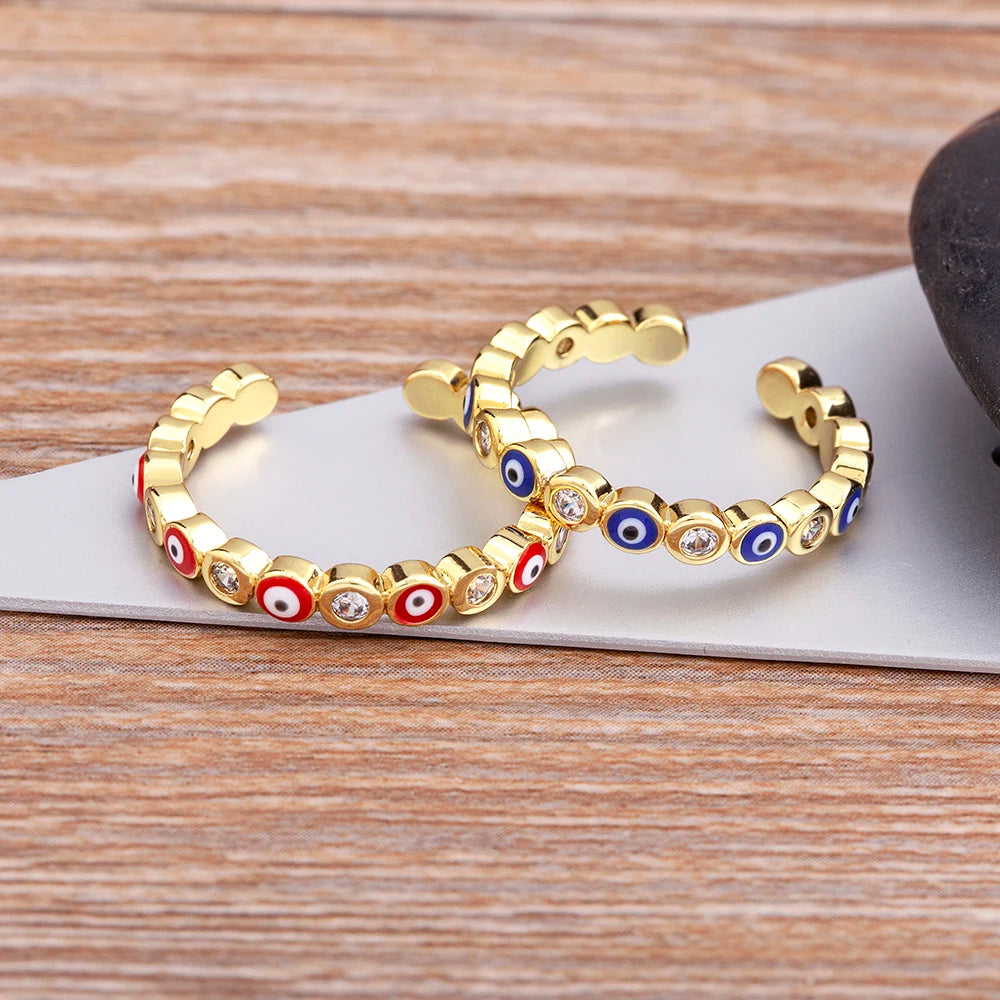 Nidin Hot Sale Lucky Evil Eye Rhinestone Rings For Women Girls Enamel Dripping Oil Finger Devil Eye Adjustable Jewelry Gift