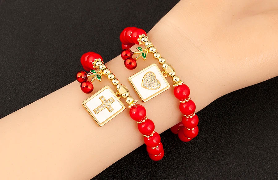 Nidin 8MM Red Beads Chain Bracelet for Women Cherry Shape Love Cross Pattern High Quality Aesthetic Lucky Jewelry Gift
