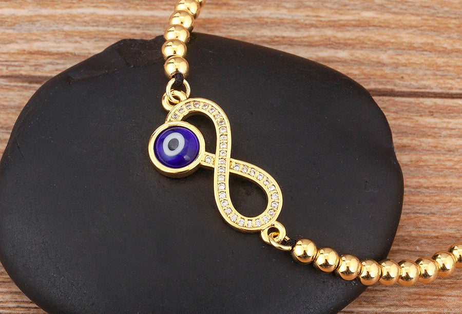 Nidin New Trendy 8 Number Shape Evil Eye Round Beads Charm Bracelets Adjustable For Women Shiny Crystal Zircon Jewelry Gifts