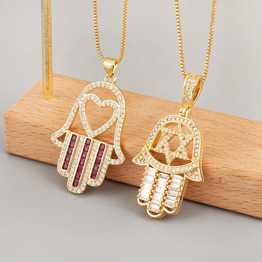Nidin High Quality Palm Shape Heart/Star Design Cubic Zirconia Charm Pendant Necklace For Women Men Hollow Stylish Jewelry Gifts