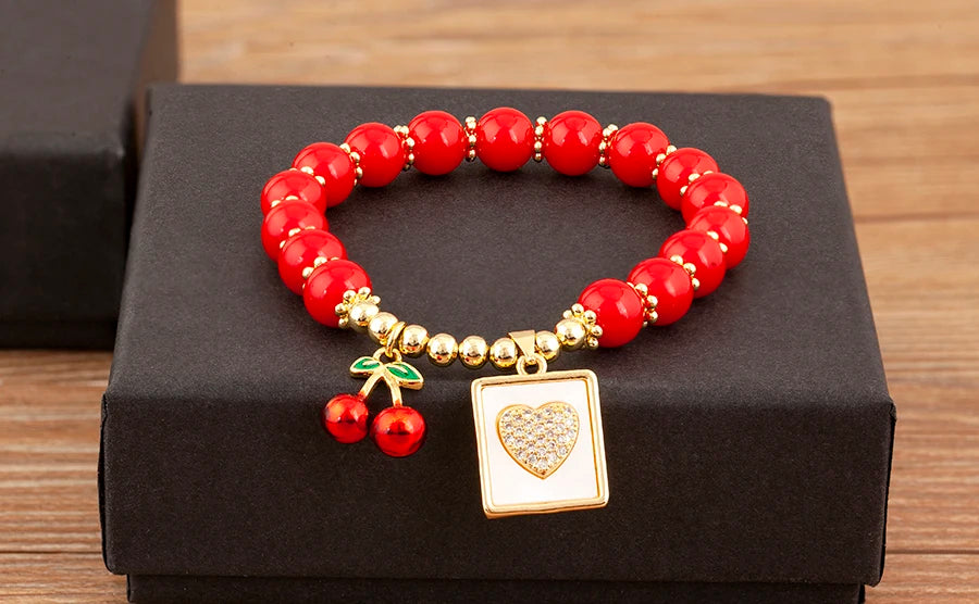 Nidin 8MM Red Beads Chain Bracelet for Women Cherry Shape Love Cross Pattern High Quality Aesthetic Lucky Jewelry Gift