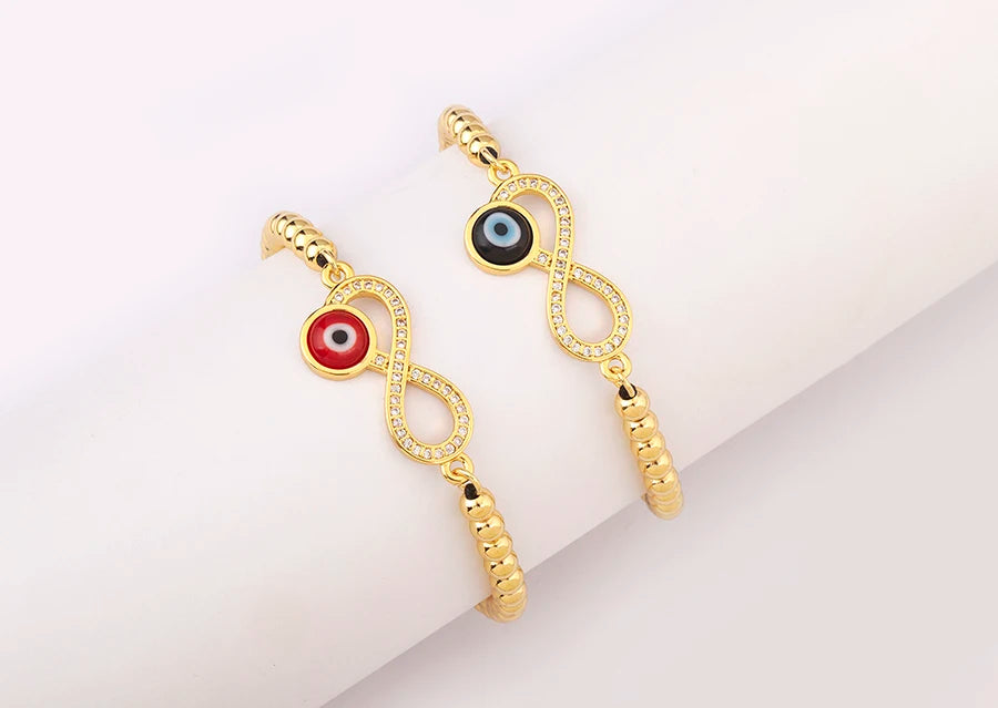 Nidin New Trendy 8 Number Shape Evil Eye Round Beads Charm Bracelets Adjustable For Women Shiny Crystal Zircon Jewelry Gifts