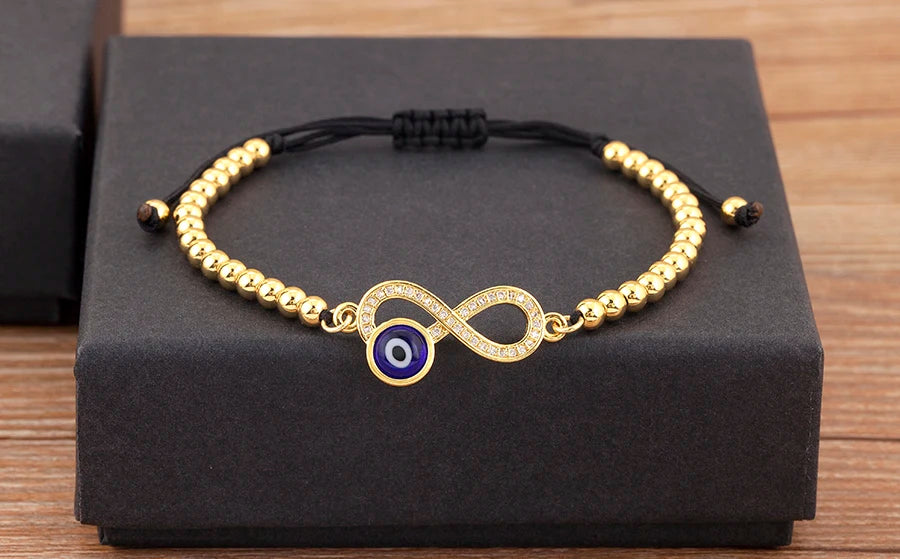 Nidin New Trendy 8 Number Shape Evil Eye Round Beads Charm Bracelets Adjustable For Women Shiny Crystal Zircon Jewelry Gifts