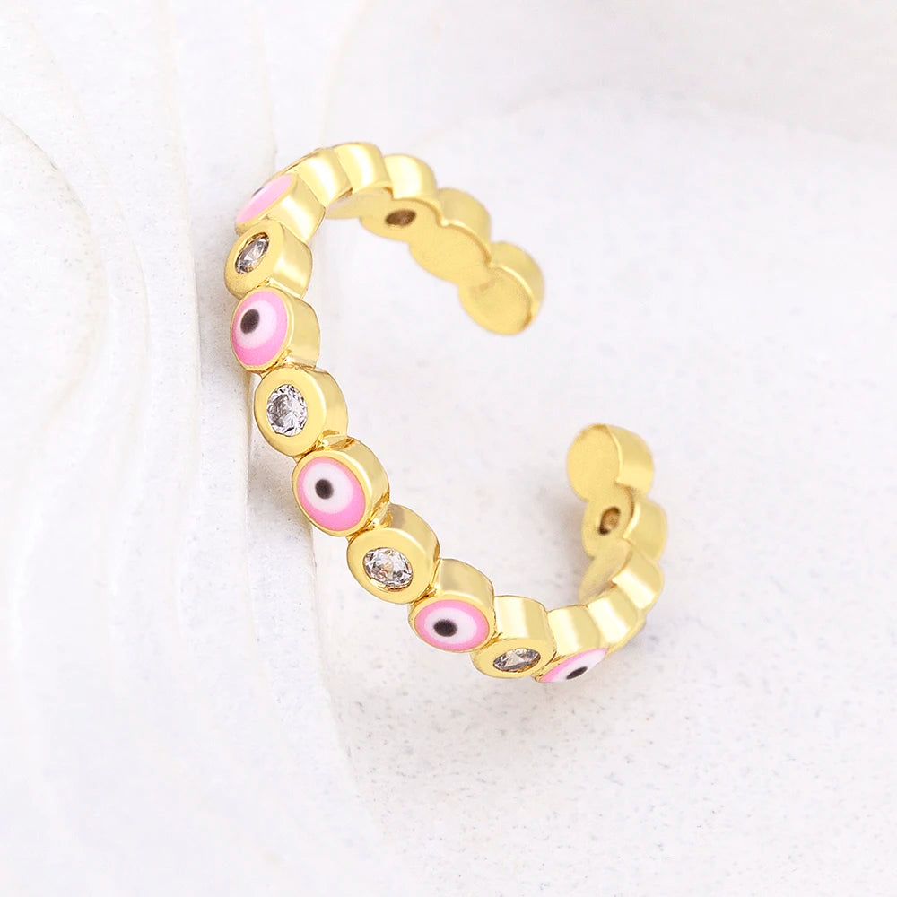 Nidin Hot Sale Lucky Evil Eye Rhinestone Rings For Women Girls Enamel Dripping Oil Finger Devil Eye Adjustable Jewelry Gift