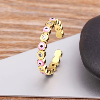 Nidin Hot Sale Lucky Evil Eye Rhinestone Rings For Women Girls Enamel Dripping Oil Finger Devil Eye Adjustable Jewelry Gift