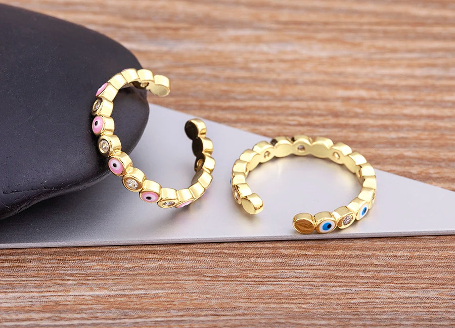 Nidin Hot Sale Lucky Evil Eye Rhinestone Rings For Women Girls Enamel Dripping Oil Finger Devil Eye Adjustable Jewelry Gift