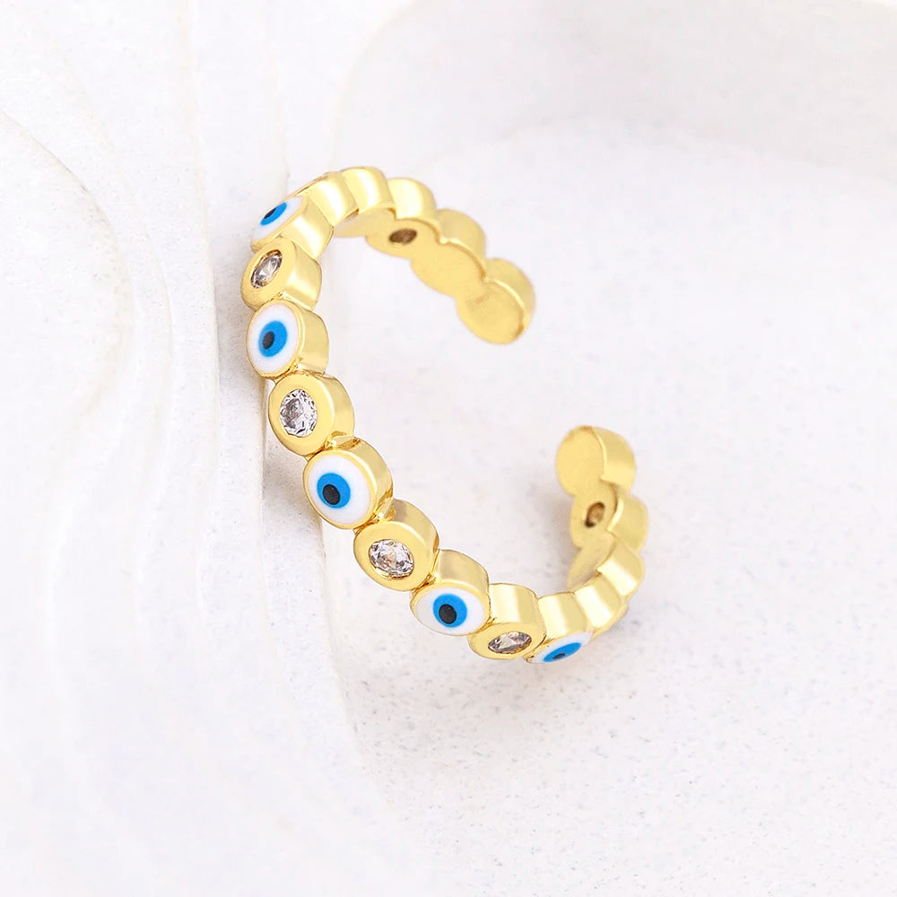 Nidin Hot Sale Lucky Evil Eye Rhinestone Rings For Women Girls Enamel Dripping Oil Finger Devil Eye Adjustable Jewelry Gift