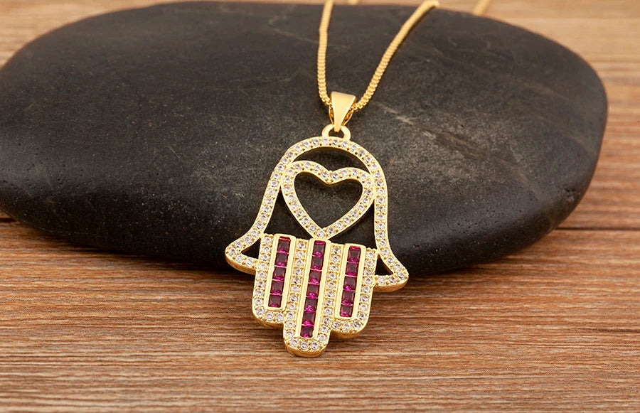 Nidin High Quality Palm Shape Heart/Star Design Cubic Zirconia Charm Pendant Necklace For Women Men Hollow Stylish Jewelry Gifts