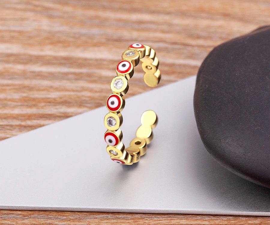 Nidin Hot Sale Lucky Evil Eye Rhinestone Rings For Women Girls Enamel Dripping Oil Finger Devil Eye Adjustable Jewelry Gift