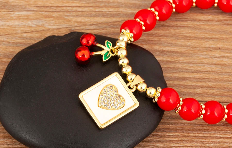 Nidin 8MM Red Beads Chain Bracelet for Women Cherry Shape Love Cross Pattern High Quality Aesthetic Lucky Jewelry Gift