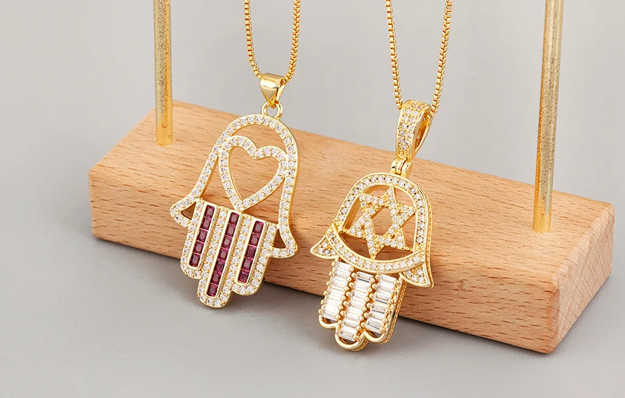 Nidin High Quality Palm Shape Heart/Star Design Cubic Zirconia Charm Pendant Necklace For Women Men Hollow Stylish Jewelry Gifts