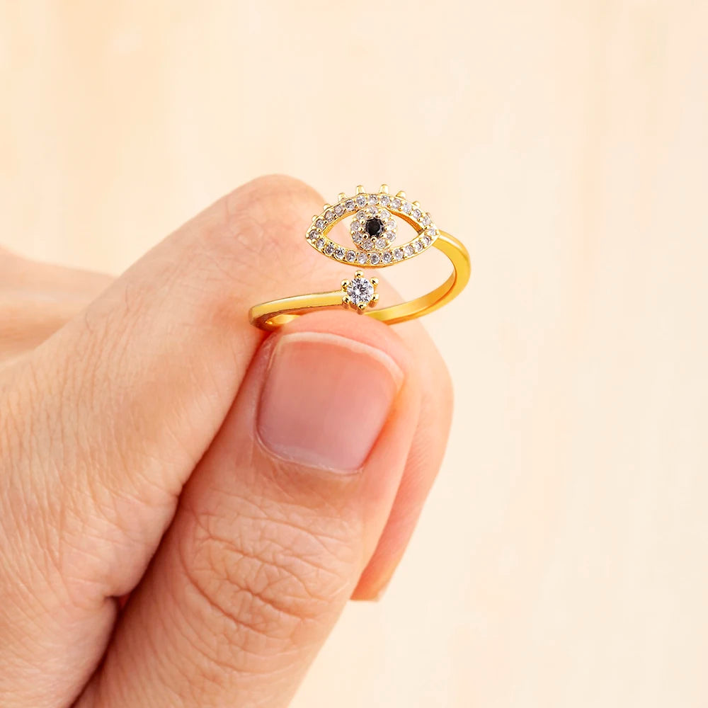 Nidin Lucky Turkish Evil Eye Open Copper Gold Color Finger Rings Adjustable for Women Girls Men Fashion Party Jewelry Gift