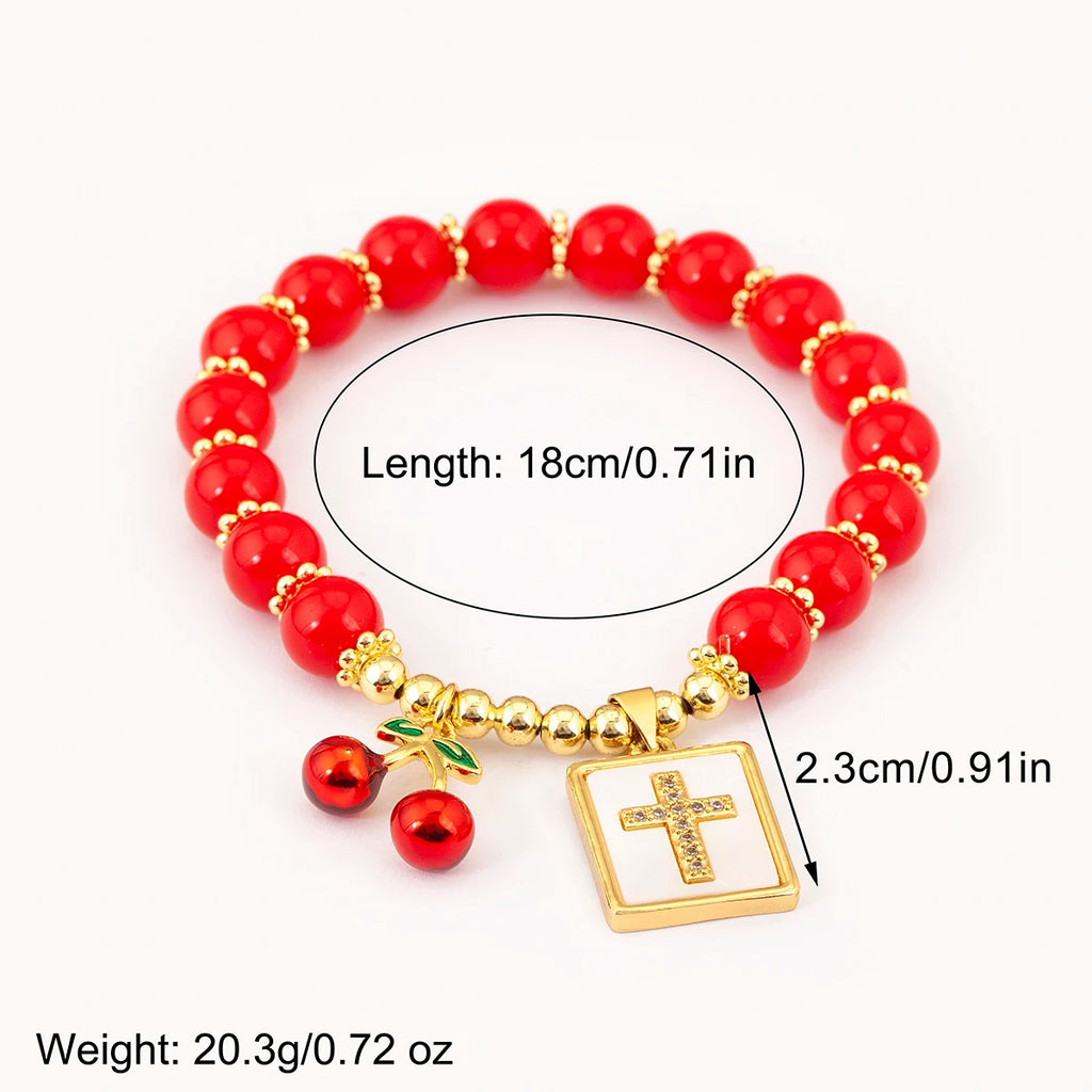 Nidin 8MM Red Beads Chain Bracelet for Women Cherry Shape Love Cross Pattern High Quality Aesthetic Lucky Jewelry Gift