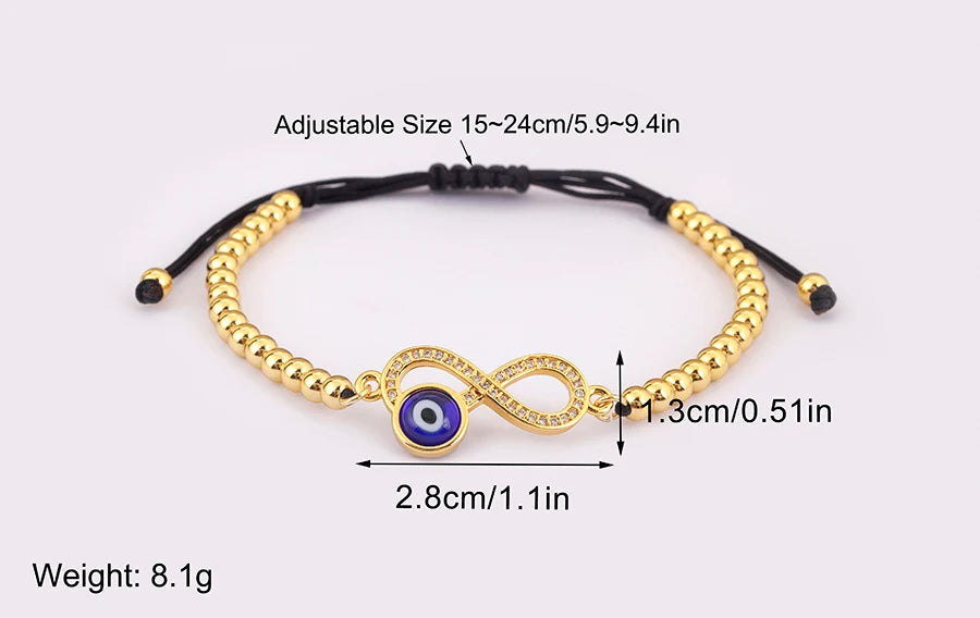 Nidin New Trendy 8 Number Shape Evil Eye Round Beads Charm Bracelets Adjustable For Women Shiny Crystal Zircon Jewelry Gifts