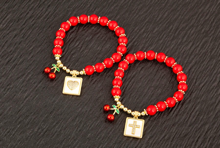 Nidin 8MM Red Beads Chain Bracelet for Women Cherry Shape Love Cross Pattern High Quality Aesthetic Lucky Jewelry Gift