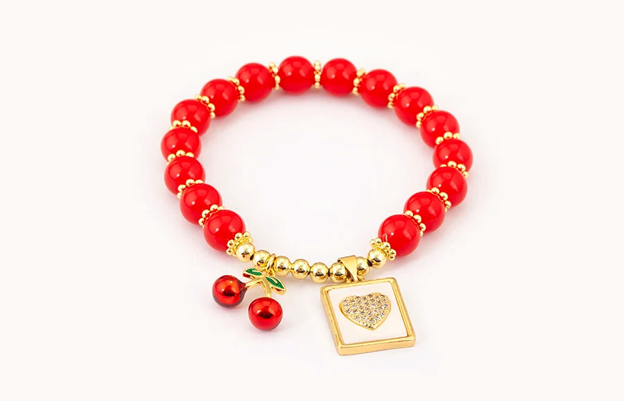 Nidin 8MM Red Beads Chain Bracelet for Women Cherry Shape Love Cross Pattern High Quality Aesthetic Lucky Jewelry Gift