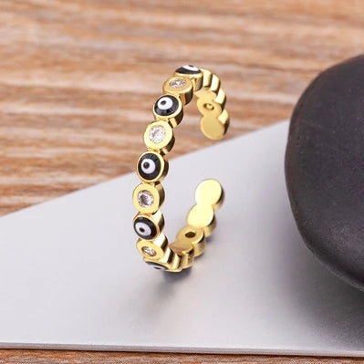 Nidin Hot Sale Lucky Evil Eye Rhinestone Rings For Women Girls Enamel Dripping Oil Finger Devil Eye Adjustable Jewelry Gift