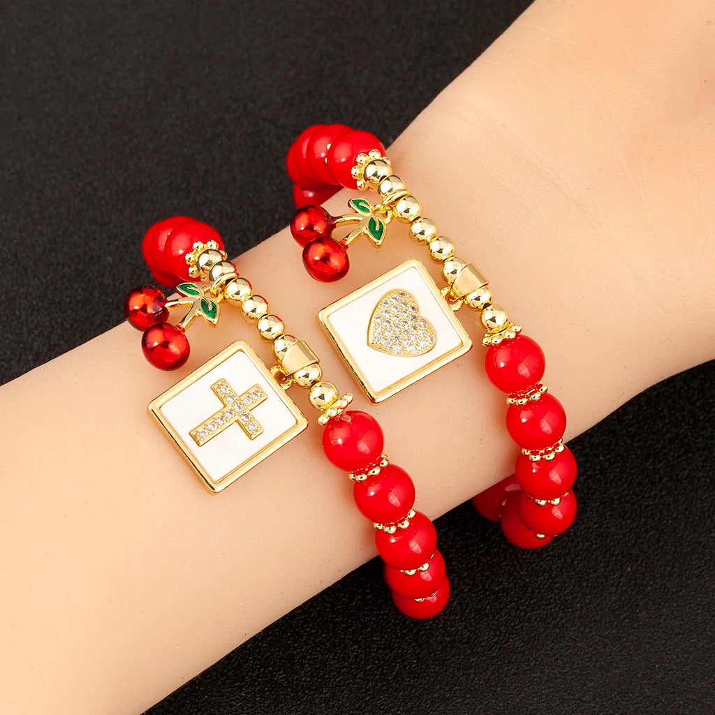 Nidin 8MM Red Beads Chain Bracelet for Women Cherry Shape Love Cross Pattern High Quality Aesthetic Lucky Jewelry Gift