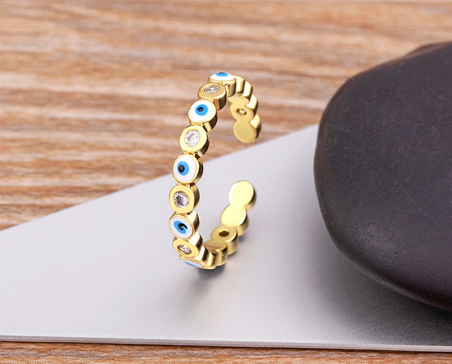 Nidin Hot Sale Lucky Evil Eye Rhinestone Rings For Women Girls Enamel Dripping Oil Finger Devil Eye Adjustable Jewelry Gift