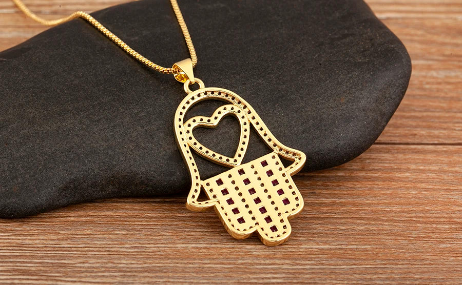 Nidin High Quality Palm Shape Heart/Star Design Cubic Zirconia Charm Pendant Necklace For Women Men Hollow Stylish Jewelry Gifts