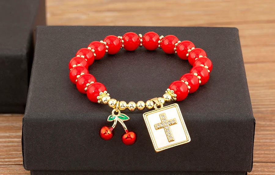 Nidin 8MM Red Beads Chain Bracelet for Women Cherry Shape Love Cross Pattern High Quality Aesthetic Lucky Jewelry Gift