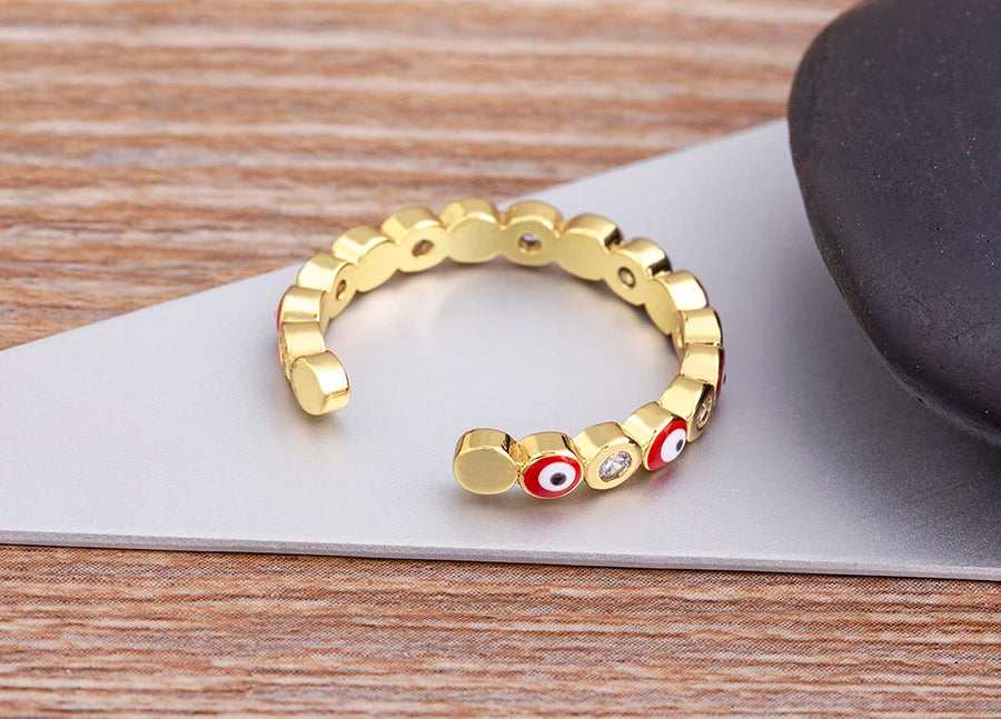 Nidin Hot Sale Lucky Evil Eye Rhinestone Rings For Women Girls Enamel Dripping Oil Finger Devil Eye Adjustable Jewelry Gift