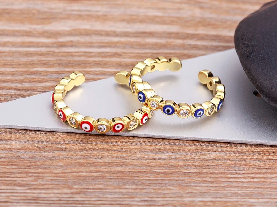 Nidin Hot Sale Lucky Evil Eye Rhinestone Rings For Women Girls Enamel Dripping Oil Finger Devil Eye Adjustable Jewelry Gift