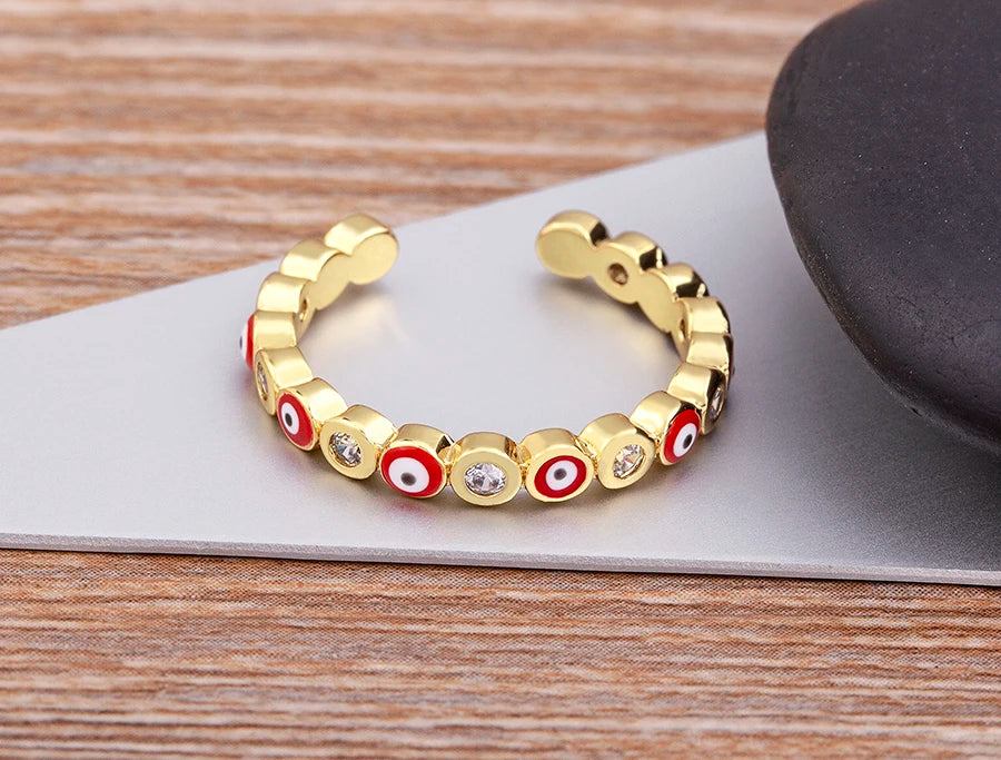Nidin Hot Sale Lucky Evil Eye Rhinestone Rings For Women Girls Enamel Dripping Oil Finger Devil Eye Adjustable Jewelry Gift