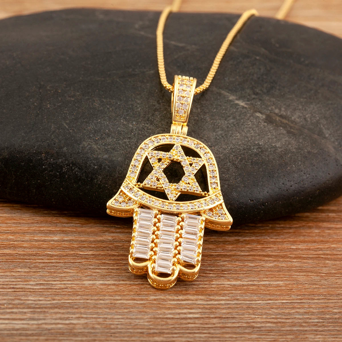 Nidin High Quality Palm Shape Heart/Star Design Cubic Zirconia Charm Pendant Necklace For Women Men Hollow Stylish Jewelry Gifts