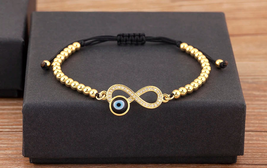 Nidin New Trendy 8 Number Shape Evil Eye Round Beads Charm Bracelets Adjustable For Women Shiny Crystal Zircon Jewelry Gifts