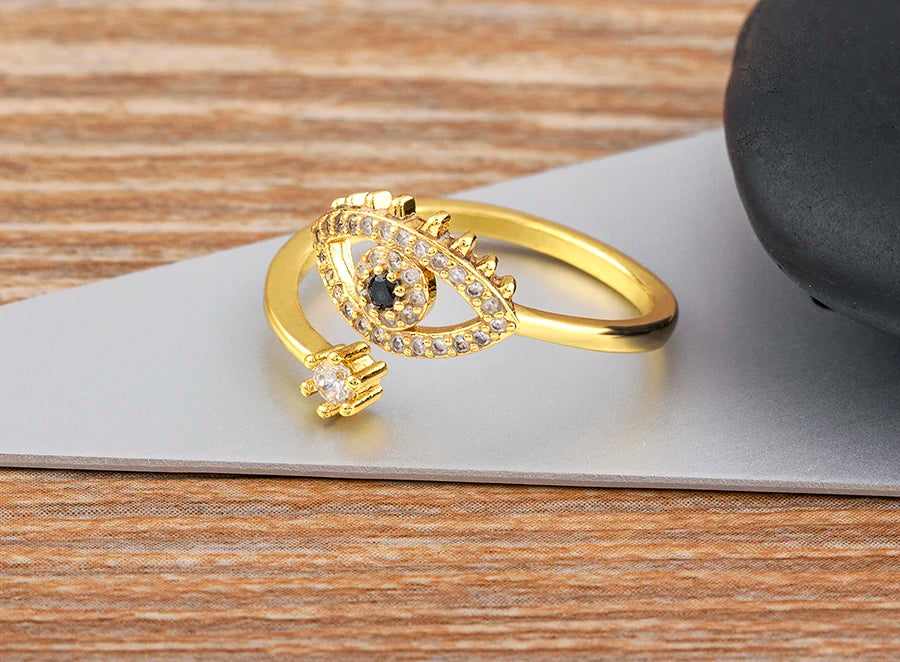 Nidin Lucky Turkish Evil Eye Open Copper Gold Color Finger Rings Adjustable for Women Girls Men Fashion Party Jewelry Gift